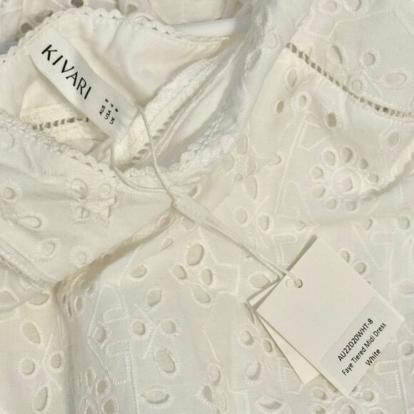 Kivari Women’s Faye Tiered Eyelet Midi Dress - White, New, Size 4 - Picture 4 of 11